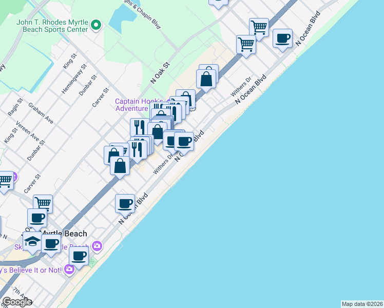 map of restaurants, bars, coffee shops, grocery stores, and more near 2008 North Ocean Boulevard in Myrtle Beach