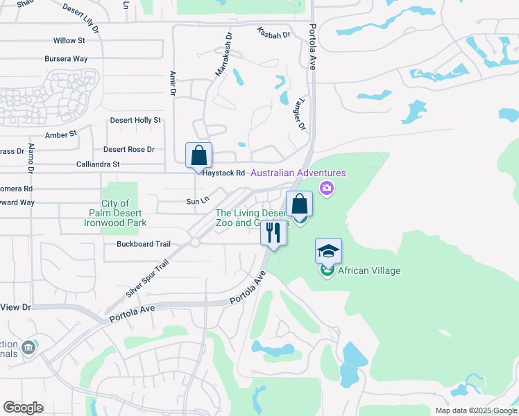 map of restaurants, bars, coffee shops, grocery stores, and more near 47769 Mirage Court in Palm Desert