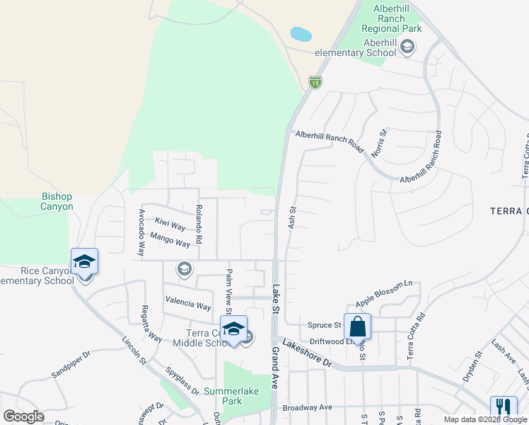 map of restaurants, bars, coffee shops, grocery stores, and more near 28857 Lake Street in Lake Elsinore