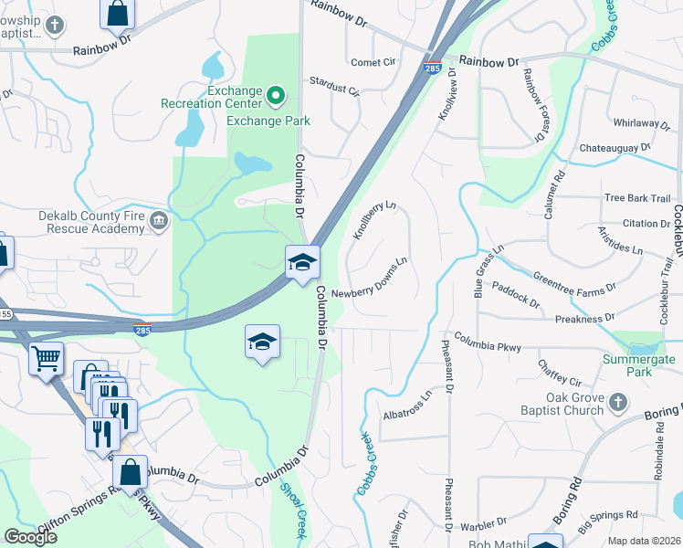 map of restaurants, bars, coffee shops, grocery stores, and more near 2919 Newberry Downs Lane in Decatur