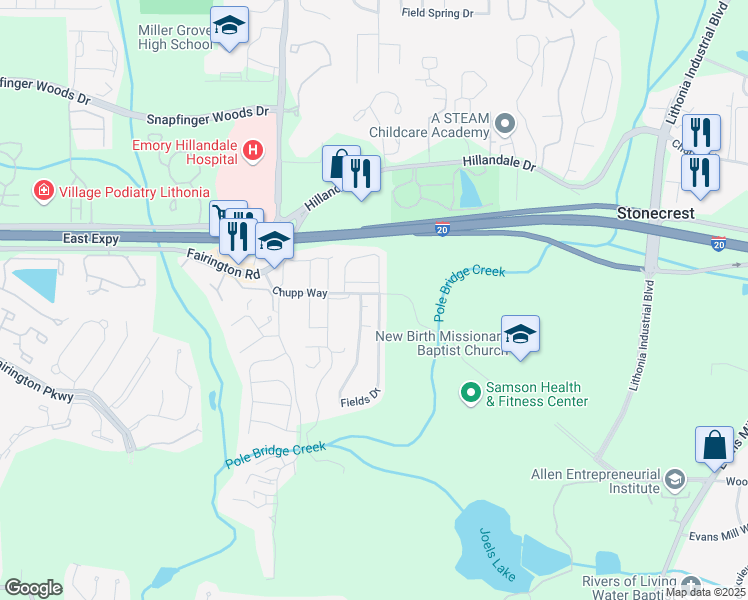 map of restaurants, bars, coffee shops, grocery stores, and more near 3111 Fields Drive in Stonecrest