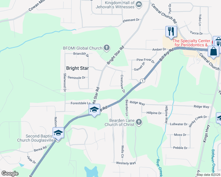 map of restaurants, bars, coffee shops, grocery stores, and more near 7 Roper Drive in Douglasville