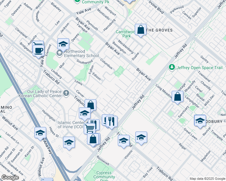 map of restaurants, bars, coffee shops, grocery stores, and more near 27 Torrey Pine in Irvine