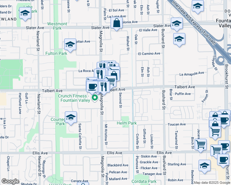 map of restaurants, bars, coffee shops, grocery stores, and more near 18061 Second Street in Fountain Valley