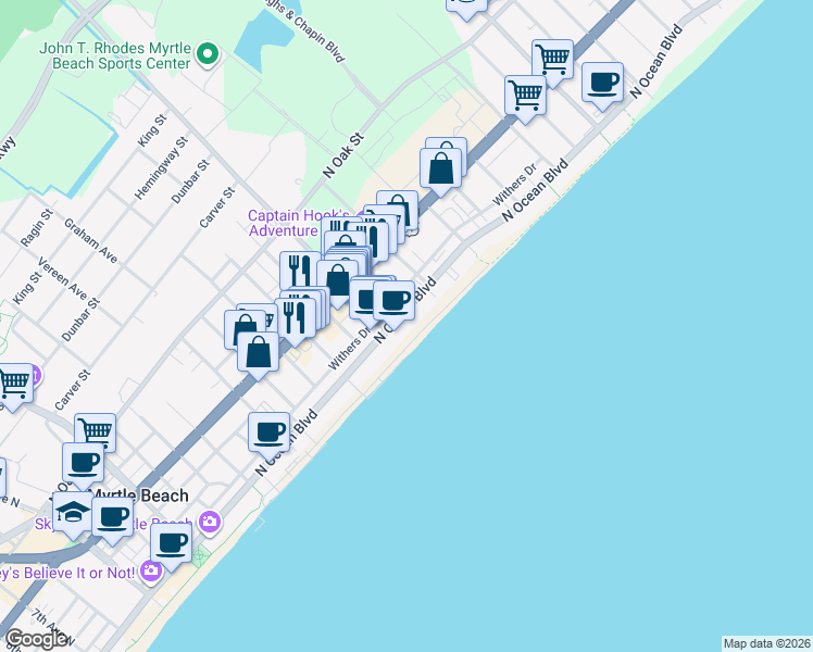 map of restaurants, bars, coffee shops, grocery stores, and more near 2106 North Ocean Boulevard in Myrtle Beach
