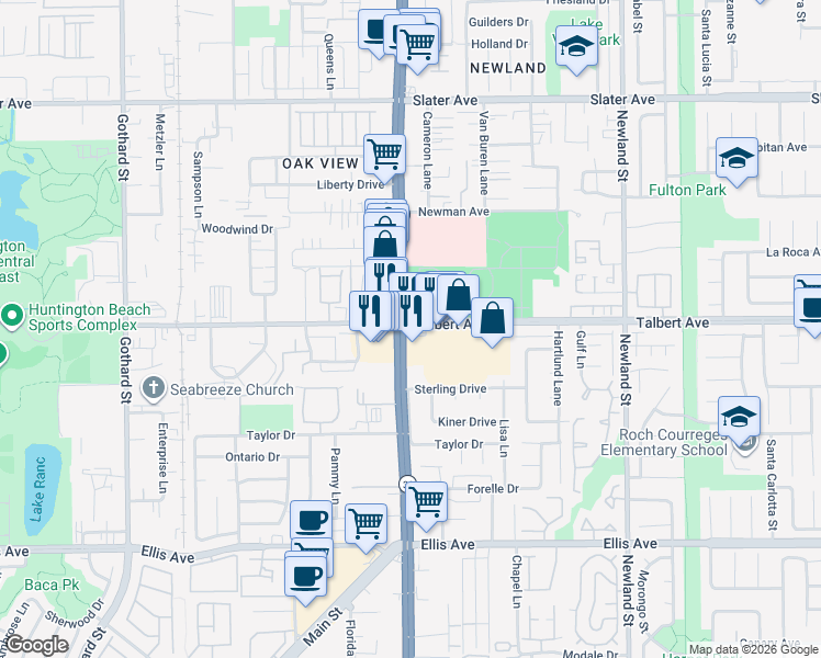 map of restaurants, bars, coffee shops, grocery stores, and more near 18042 Beach Boulevard in Huntington Beach