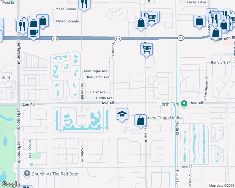 map of restaurants, bars, coffee shops, grocery stores, and more near 80722 Diamondback Trail in Indio