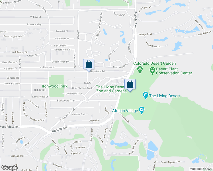 map of restaurants, bars, coffee shops, grocery stores, and more near 73750 Manzanita Court in Palm Desert