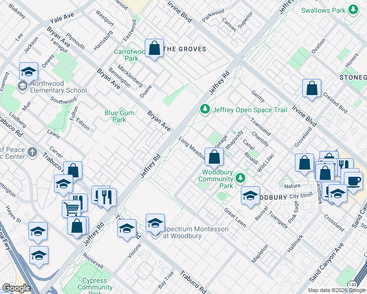 map of restaurants, bars, coffee shops, grocery stores, and more near 28 Fanpalm in Irvine