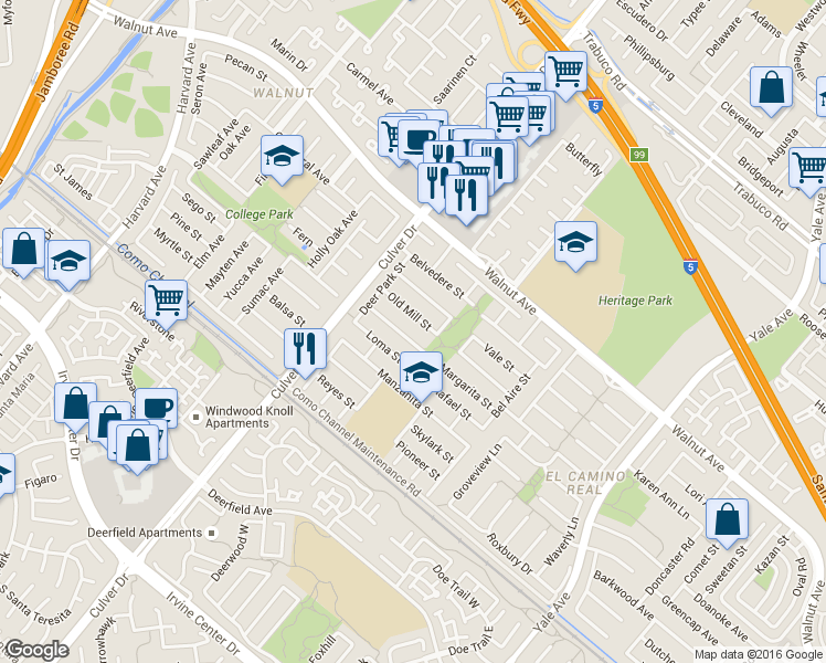 map of restaurants, bars, coffee shops, grocery stores, and more near 4181 Homestead Street in Irvine
