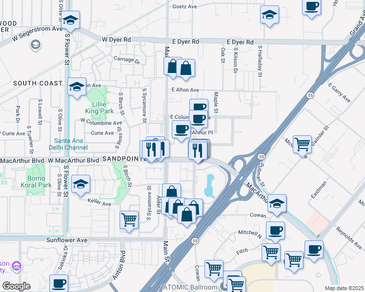 map of restaurants, bars, coffee shops, grocery stores, and more near 2 Mac Arthur Place in Santa Ana