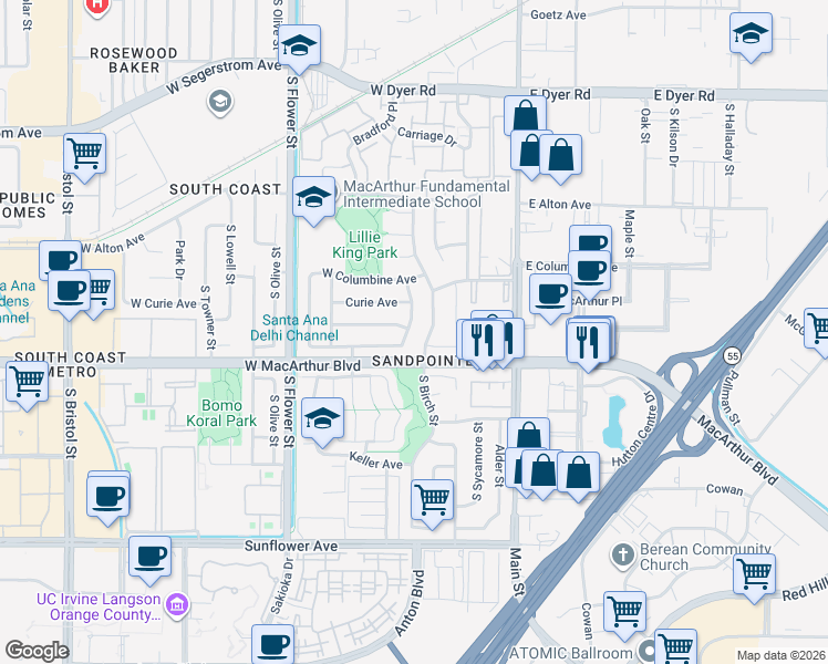 map of restaurants, bars, coffee shops, grocery stores, and more near in Santa Ana