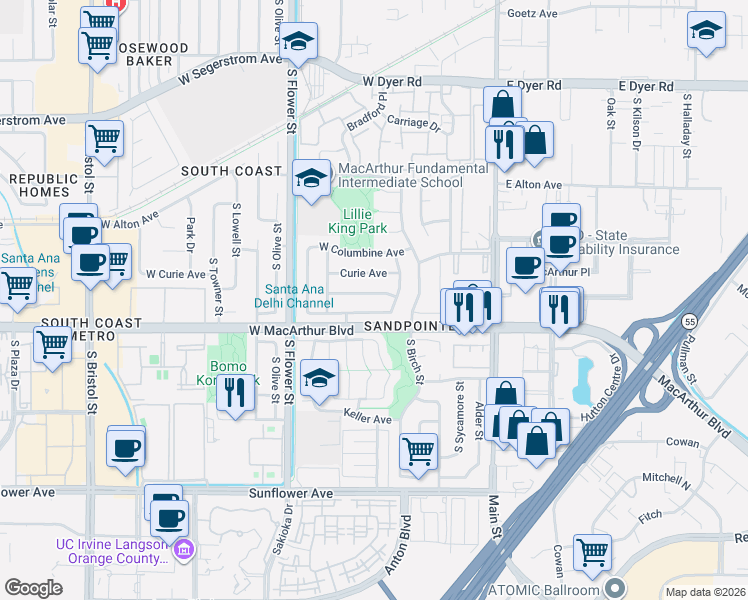 map of restaurants, bars, coffee shops, grocery stores, and more near 413 West Alpine Avenue in Santa Ana