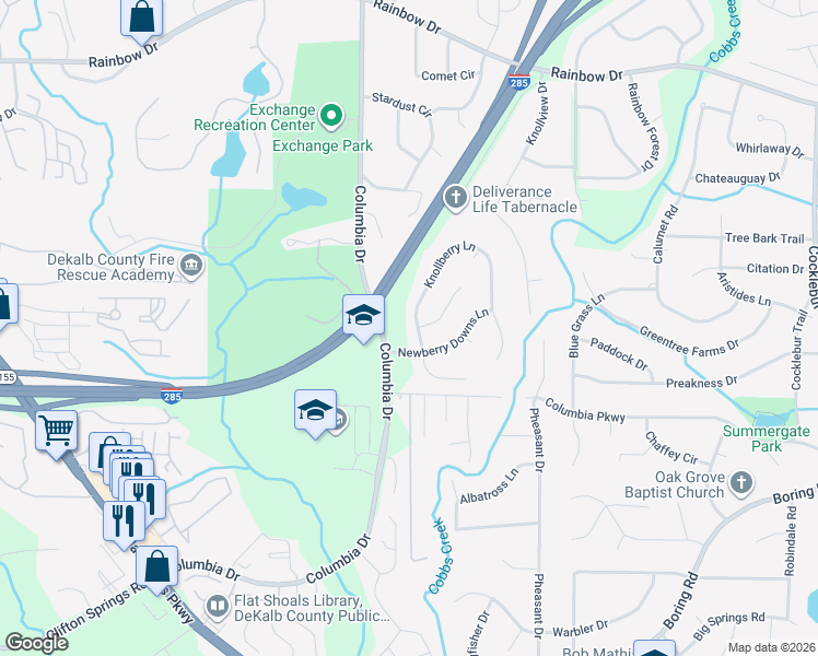 map of restaurants, bars, coffee shops, grocery stores, and more near 2919 Newberry Downs Lane in Decatur