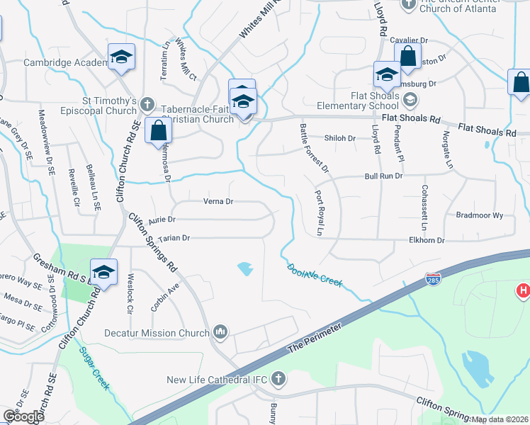 map of restaurants, bars, coffee shops, grocery stores, and more near 2373 Aurie Drive in Decatur