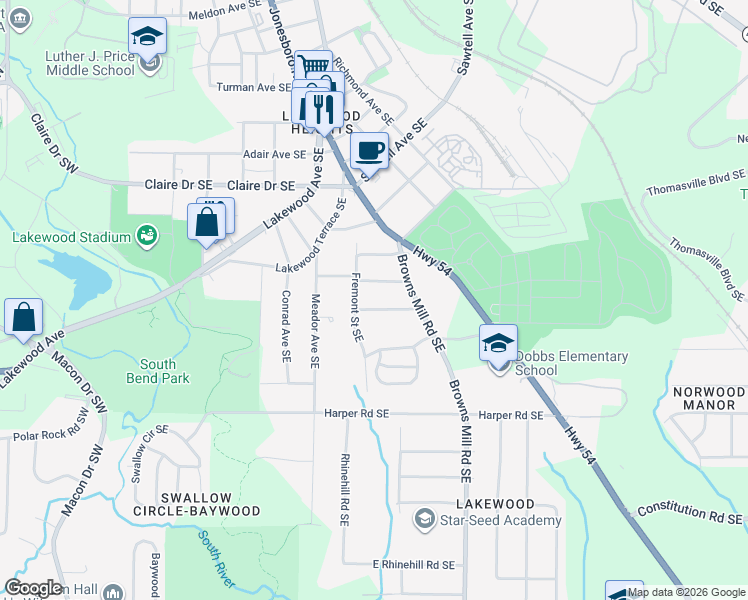 map of restaurants, bars, coffee shops, grocery stores, and more near 335 Adelle Street Southeast in Atlanta