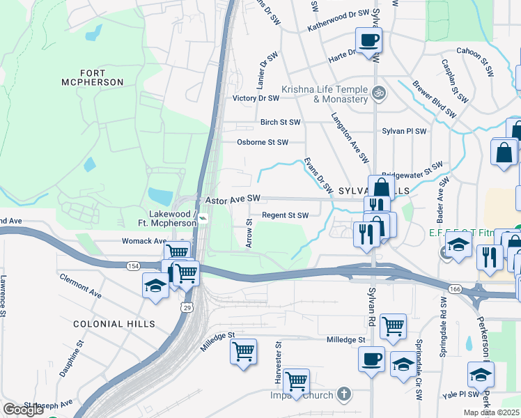 map of restaurants, bars, coffee shops, grocery stores, and more near 1134 Regent Street Southwest in Atlanta