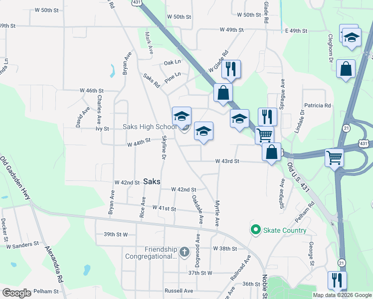 map of restaurants, bars, coffee shops, grocery stores, and more near 309 West 43rd Street in Anniston