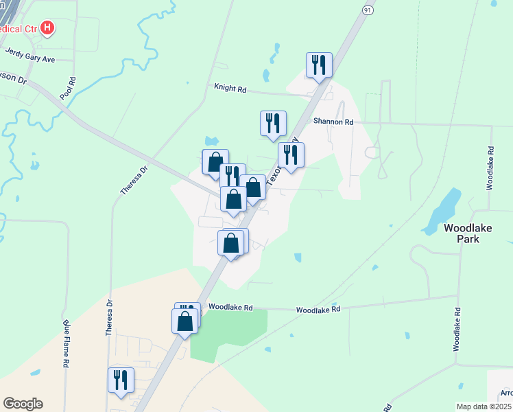 map of restaurants, bars, coffee shops, grocery stores, and more near 5010 Texas 91 in Denison