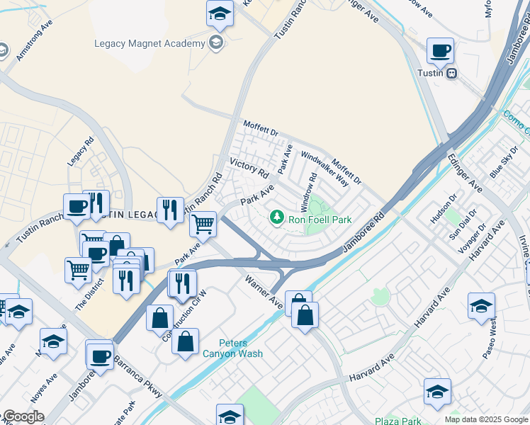 map of restaurants, bars, coffee shops, grocery stores, and more near 15 Stafford Place in Tustin