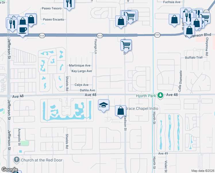 map of restaurants, bars, coffee shops, grocery stores, and more near 80746 Diamondback Trail in Indio