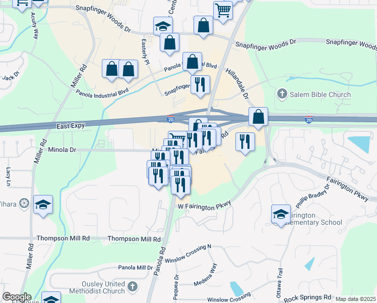 map of restaurants, bars, coffee shops, grocery stores, and more near Panola Rd & Minola Dr in Lithonia