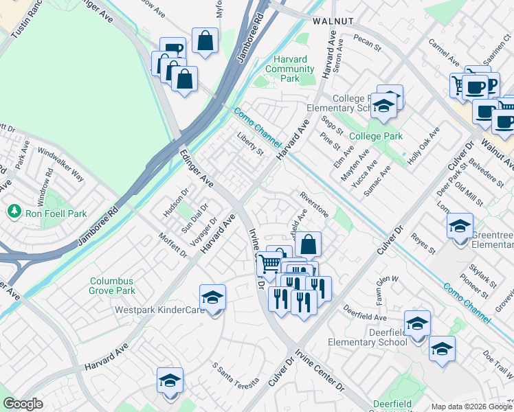 map of restaurants, bars, coffee shops, grocery stores, and more near 364 Deerfield Avenue in Irvine