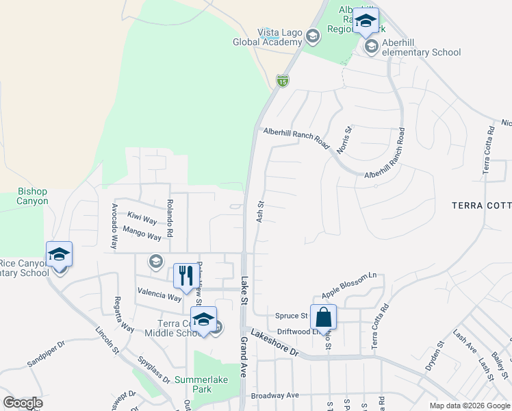 map of restaurants, bars, coffee shops, grocery stores, and more near 3812 Ash Street in Lake Elsinore