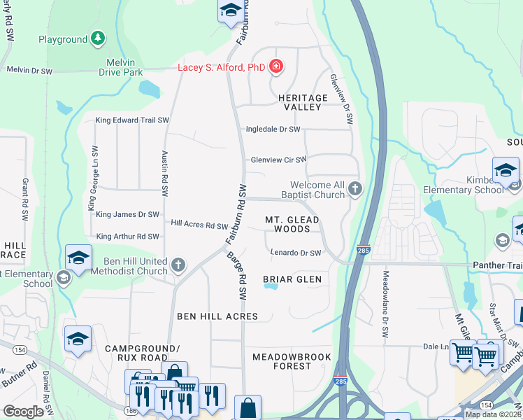 map of restaurants, bars, coffee shops, grocery stores, and more near 3543 Creighton Road Southwest in Atlanta