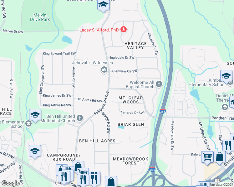 map of restaurants, bars, coffee shops, grocery stores, and more near 3550 Mt Gilead Rd SW in Atlanta