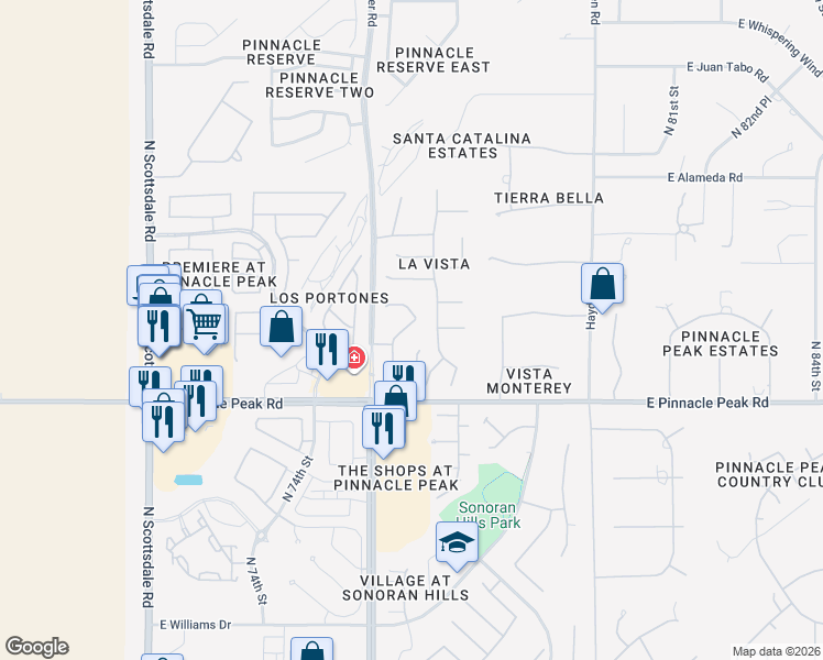 map of restaurants, bars, coffee shops, grocery stores, and more near 7676 East Pinnacle Peak Road in Scottsdale