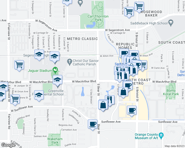 map of restaurants, bars, coffee shops, grocery stores, and more near 3436 South Sheffield Road in Santa Ana