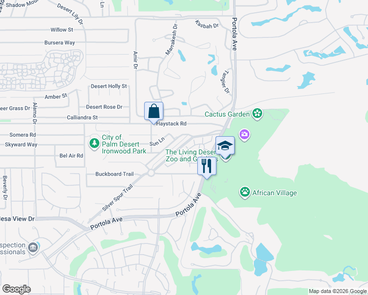 map of restaurants, bars, coffee shops, grocery stores, and more near 73721 Desert Vista Court in Palm Desert