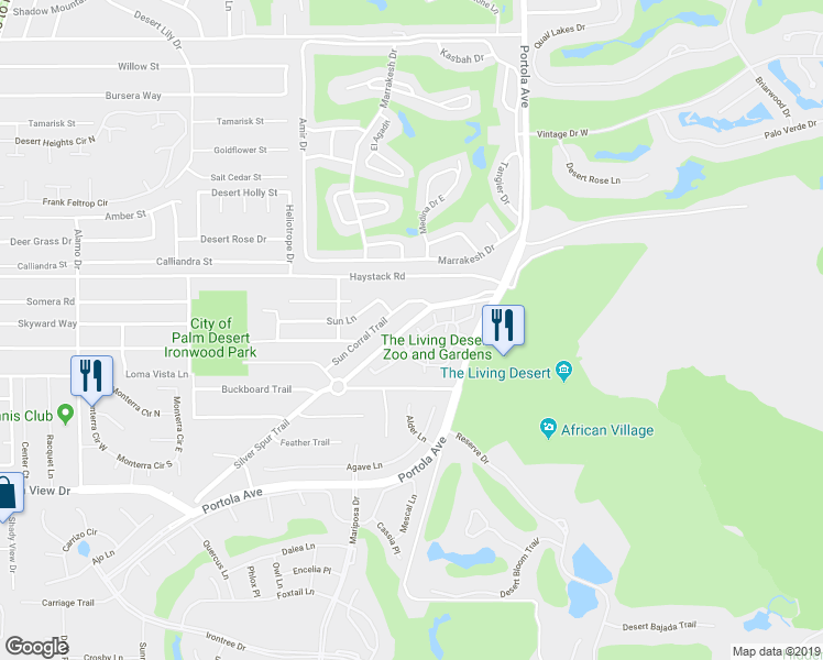 map of restaurants, bars, coffee shops, grocery stores, and more near 73721 Desert Vista Court in Palm Desert