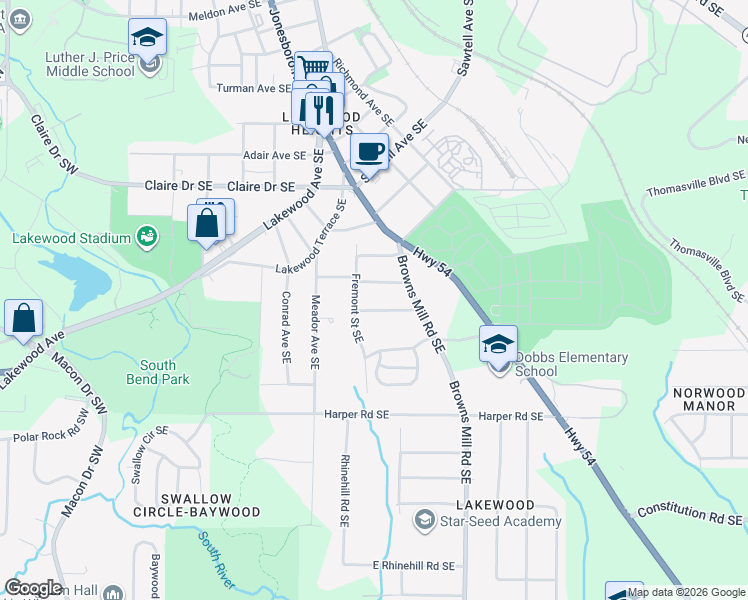map of restaurants, bars, coffee shops, grocery stores, and more near 335 Adelle Street Southeast in Atlanta