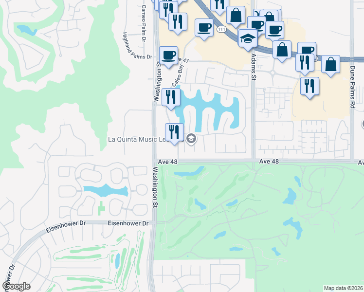 map of restaurants, bars, coffee shops, grocery stores, and more near 47960 Vía Firenze in La Quinta