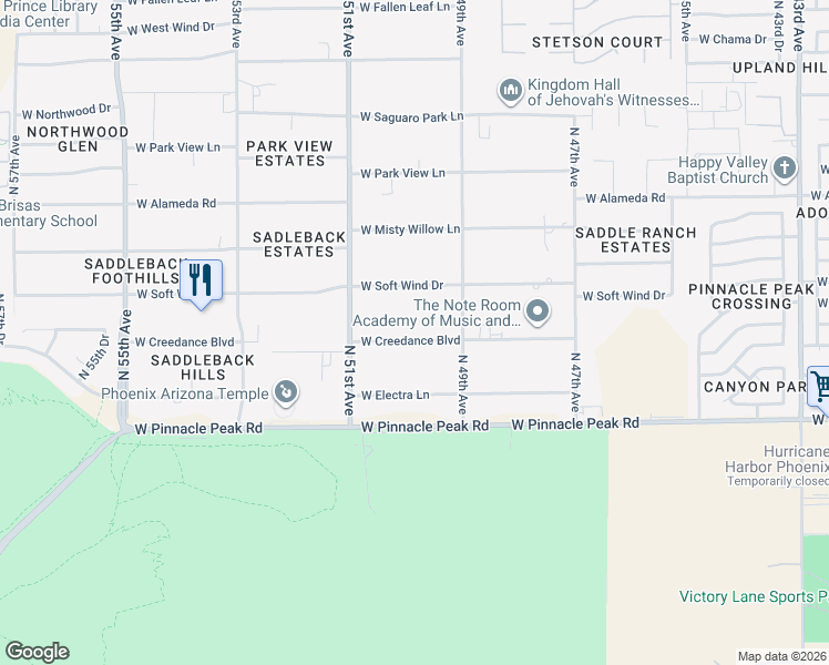 map of restaurants, bars, coffee shops, grocery stores, and more near 4946 West Creedance Boulevard in Glendale