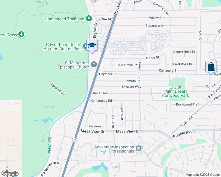 map of restaurants, bars, coffee shops, grocery stores, and more near 72771 Skyward Way in Palm Desert