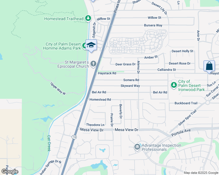 map of restaurants, bars, coffee shops, grocery stores, and more near 72771 Skyward Way in Palm Desert