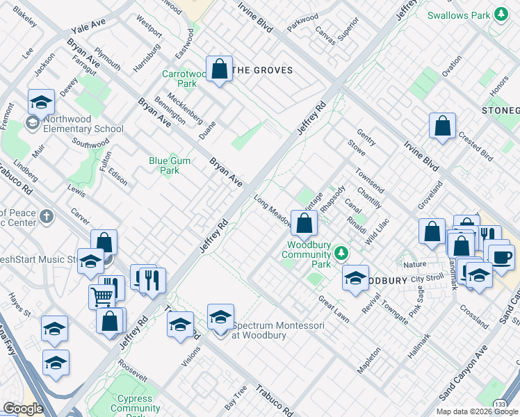 map of restaurants, bars, coffee shops, grocery stores, and more near 21 Fanpalm in Irvine