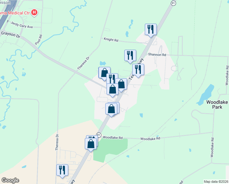 map of restaurants, bars, coffee shops, grocery stores, and more near 6400 Texoma Drive in Denison