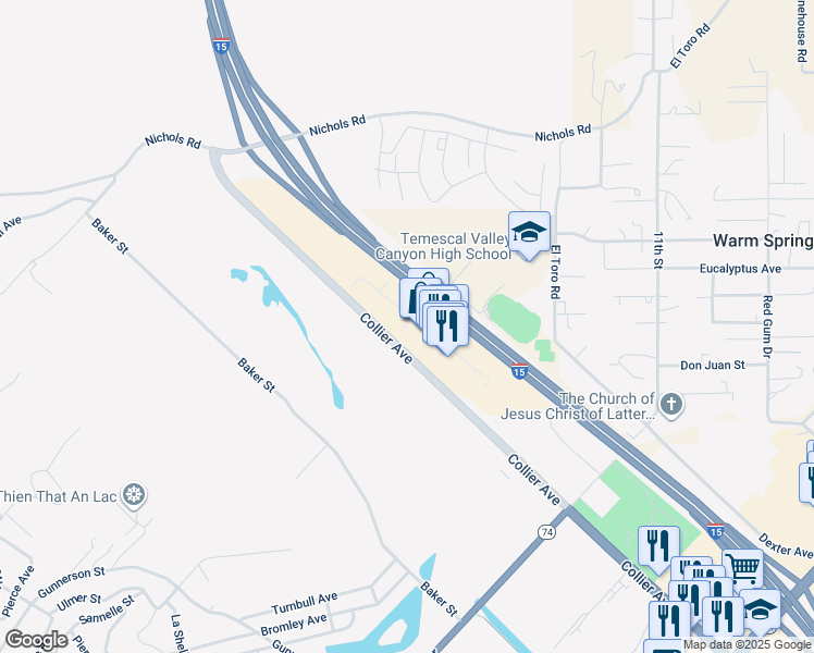 map of restaurants, bars, coffee shops, grocery stores, and more near 17600 Collier Avenue in Lake Elsinore