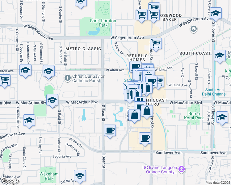 map of restaurants, bars, coffee shops, grocery stores, and more near 1601 West MacArthur Boulevard in Santa Ana