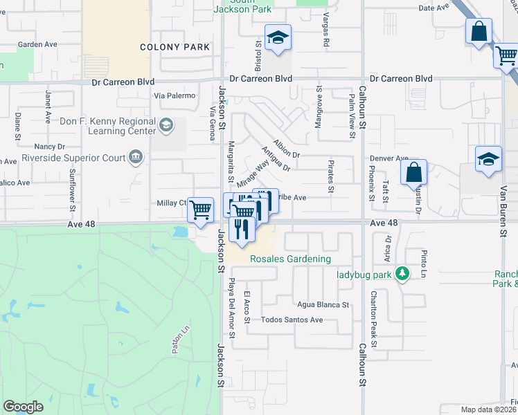 map of restaurants, bars, coffee shops, grocery stores, and more near 83129 Blue Mountain Court in Indio