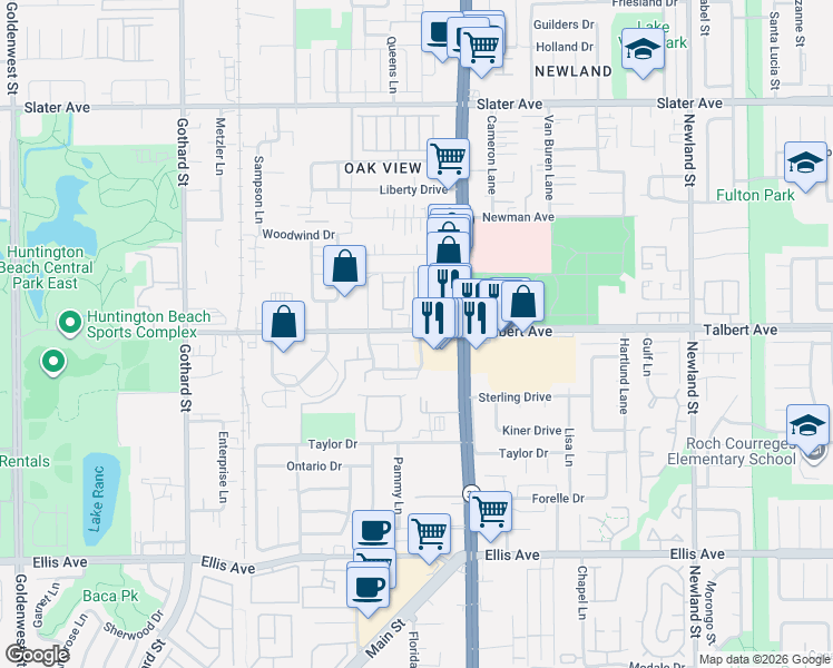 map of restaurants, bars, coffee shops, grocery stores, and more near 7831 Daisy Circle in Huntington Beach