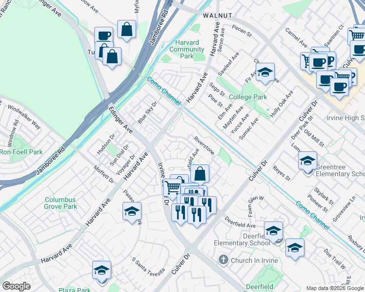 map of restaurants, bars, coffee shops, grocery stores, and more near 424 Deerfield Avenue in Irvine