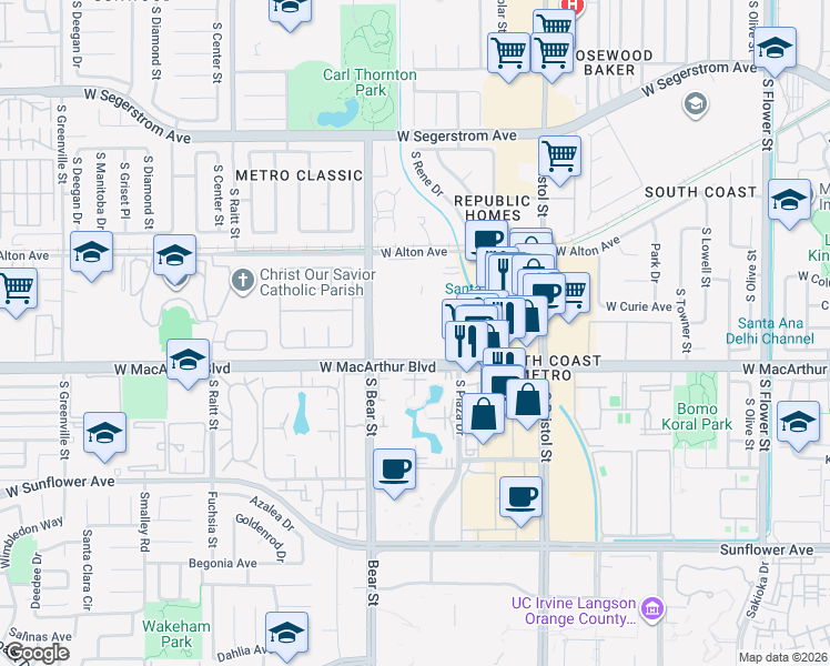 map of restaurants, bars, coffee shops, grocery stores, and more near 1601 West MacArthur Boulevard in Santa Ana