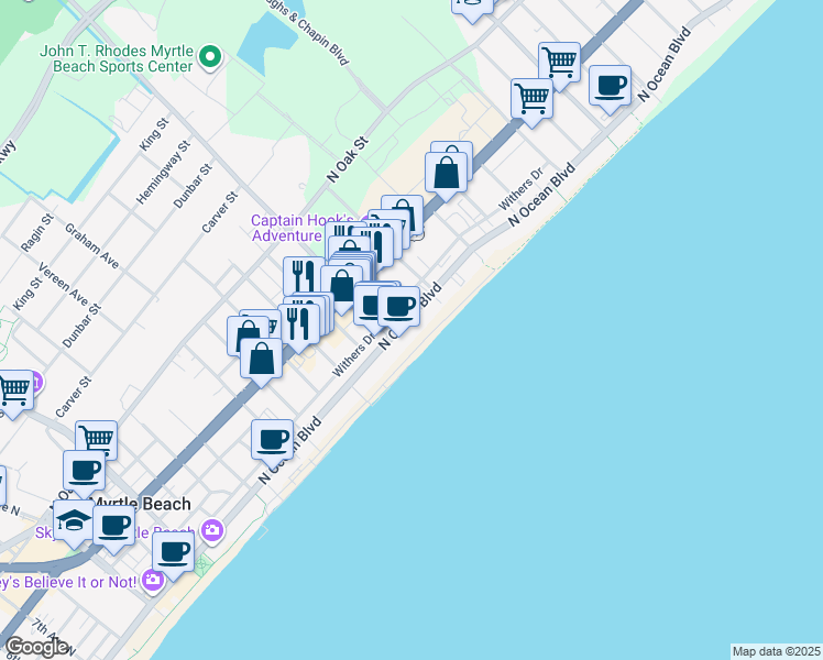 map of restaurants, bars, coffee shops, grocery stores, and more near 2106 North Ocean Boulevard in Myrtle Beach