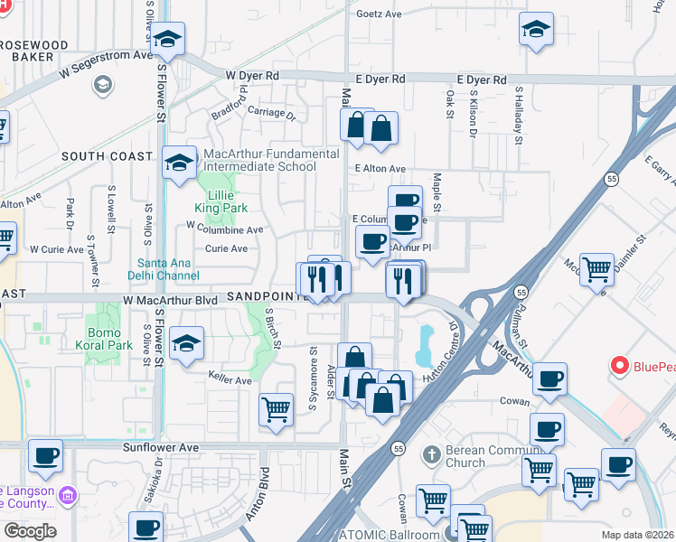 map of restaurants, bars, coffee shops, grocery stores, and more near 3400 South Main Street in Santa Ana