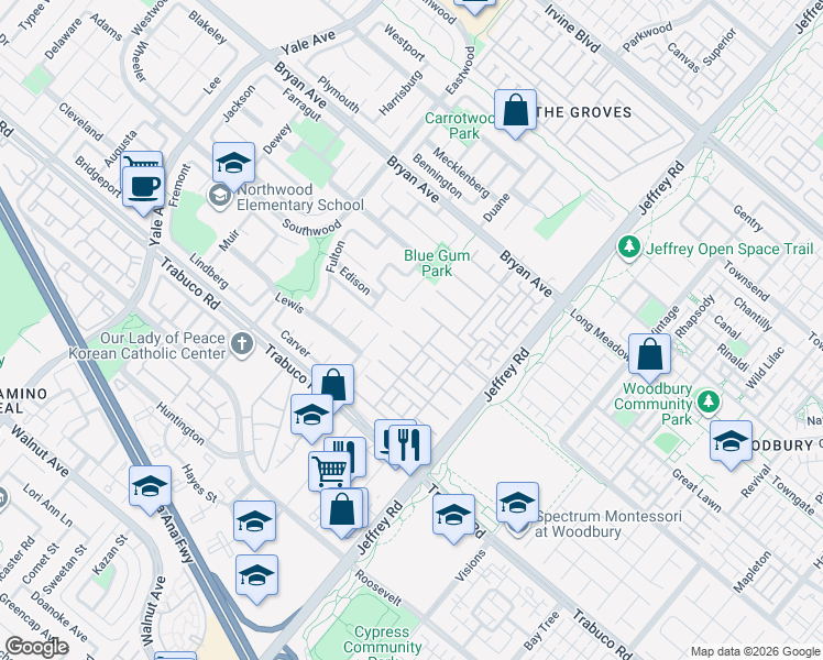 map of restaurants, bars, coffee shops, grocery stores, and more near 25 Torrey Pine in Irvine